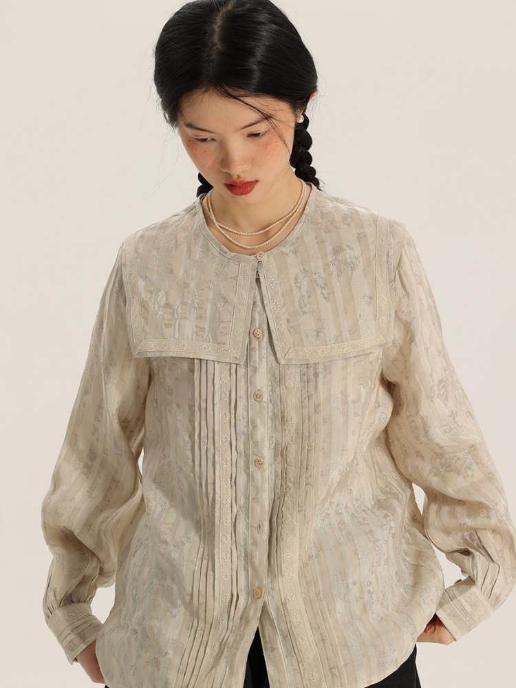 Floral Stripe Jacquard Lace Sailor Color Shirt