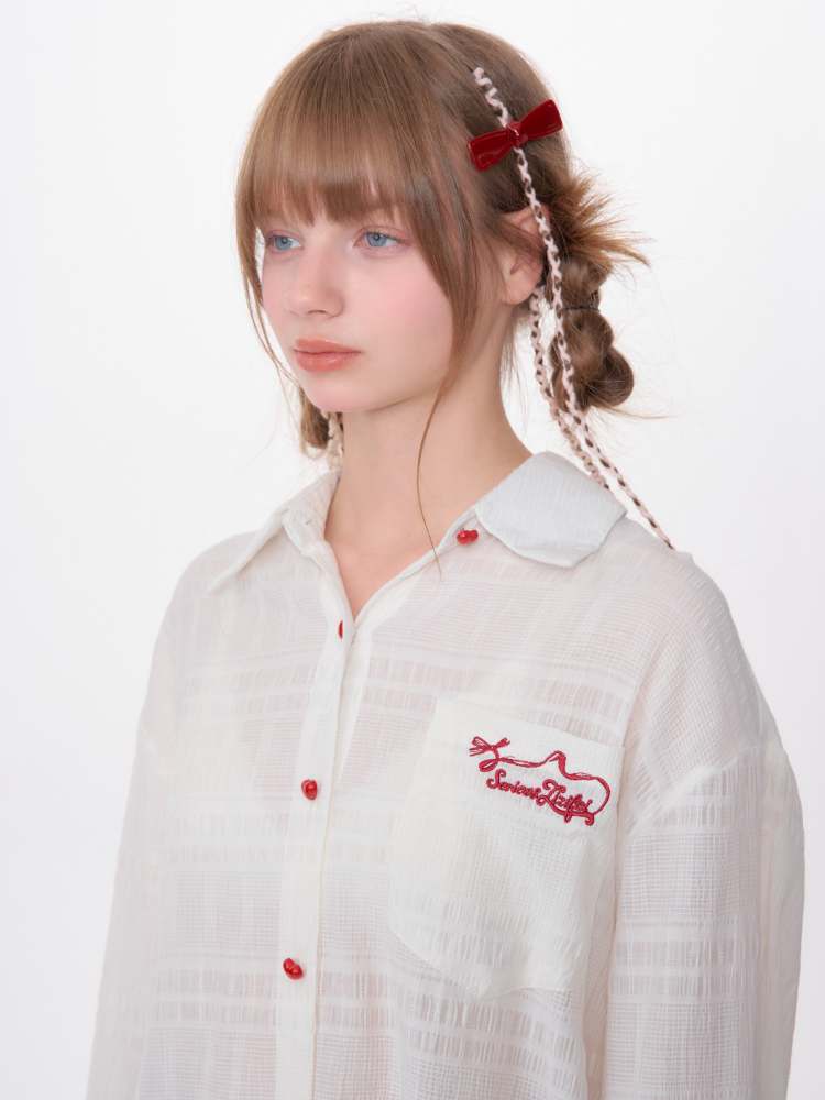 Heart Button Logo Embroidery Semi-Sheer Shirt