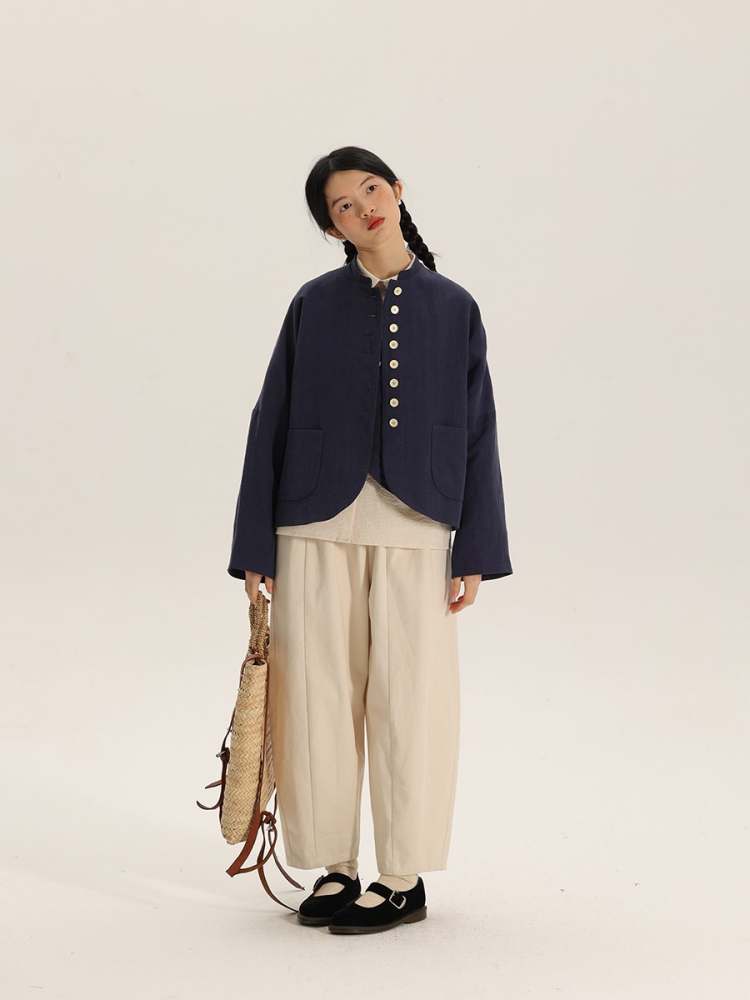 Button Design Stand Collar Linen Loose Jacket