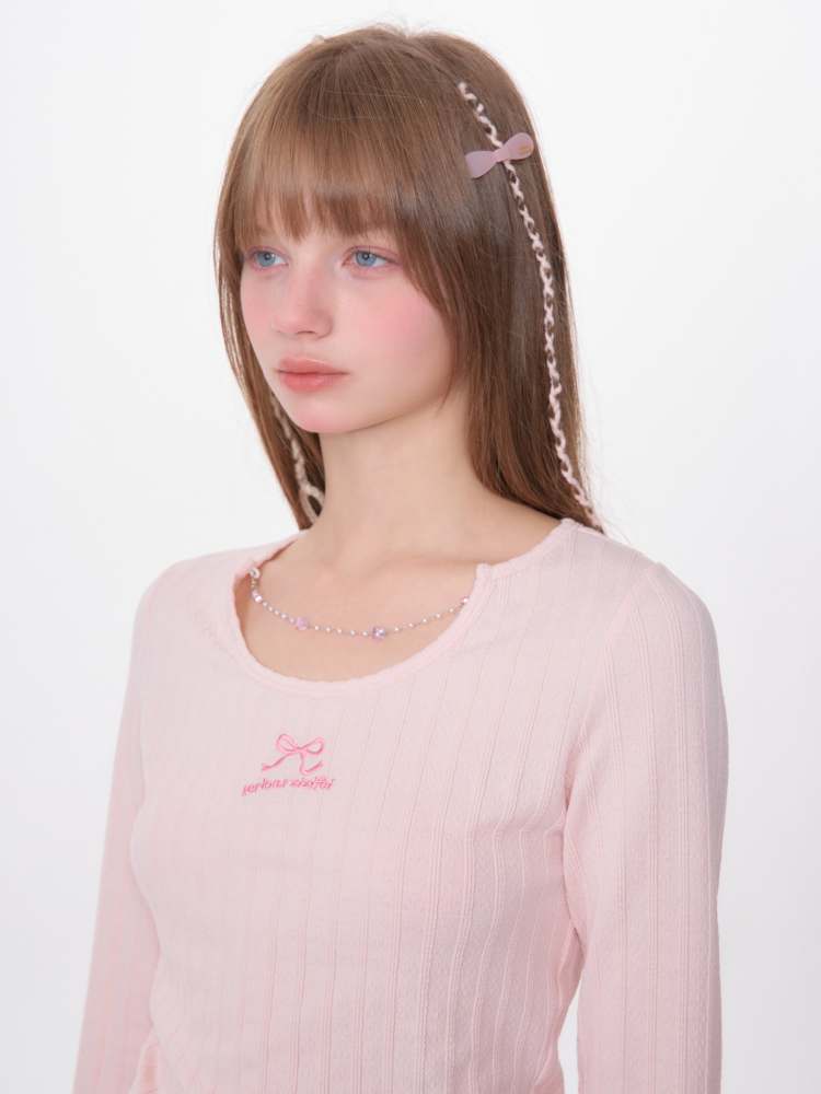 Neck Chain Ribbon Embroidery Rib Knit