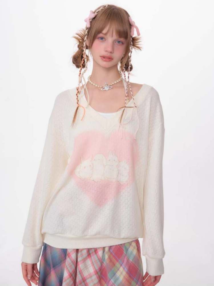 Love Bunny Print V-Neck Knit