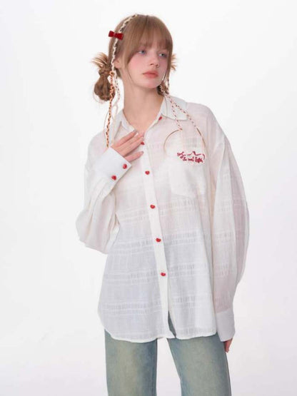 Heart Button Logo Embroidery Semi-Sheer Shirt