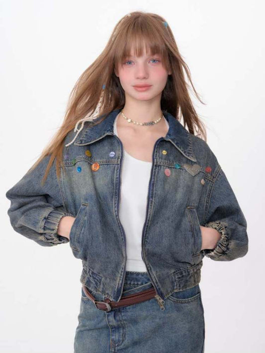 Bunte Knöpfe gewaschene Jeansjacke 