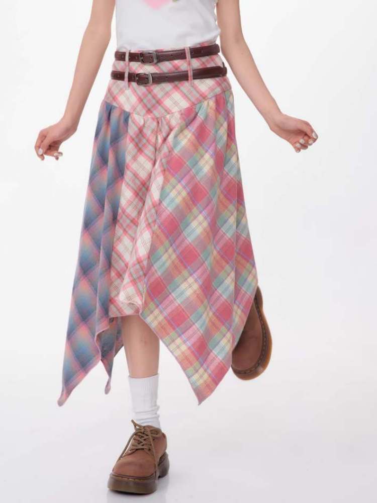 3 Types Of Plaid Patterns Double Waist Random Hem Skirt