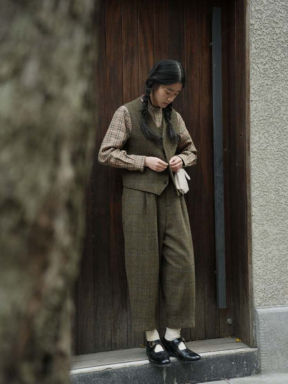 Retro Plaid Mid-Rise Wool Pants