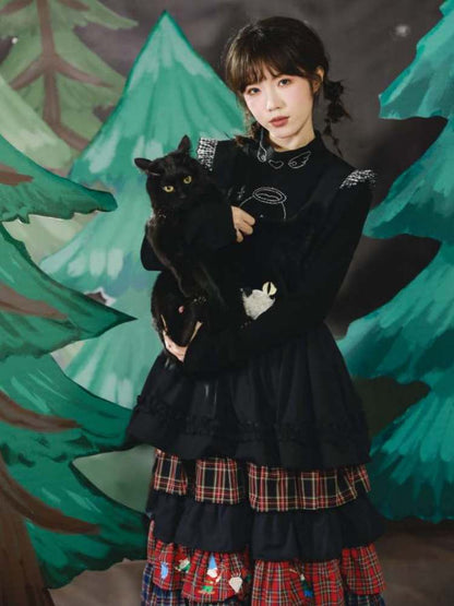 Black Cat Embroidery Race Apron Dress