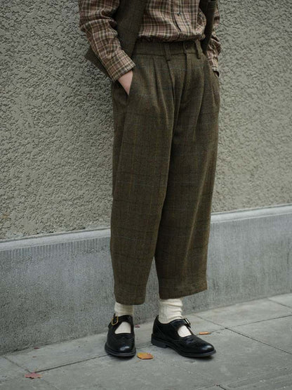 Retro Plaid Mid-Rise Wool Pants