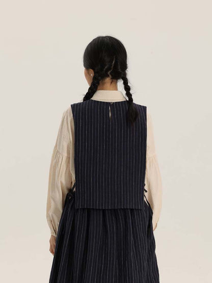 Retro Round Neck Stripe Linen Vest