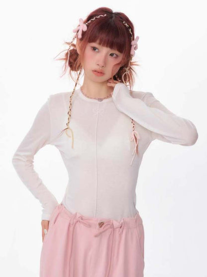 Bow Knot Semi-Sheer Slim Fit Bottoming Shirt