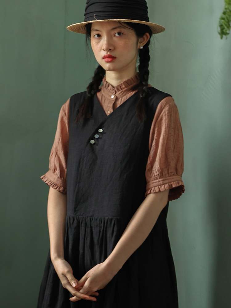 Retro 2way Sleeveless Linen Long Dress