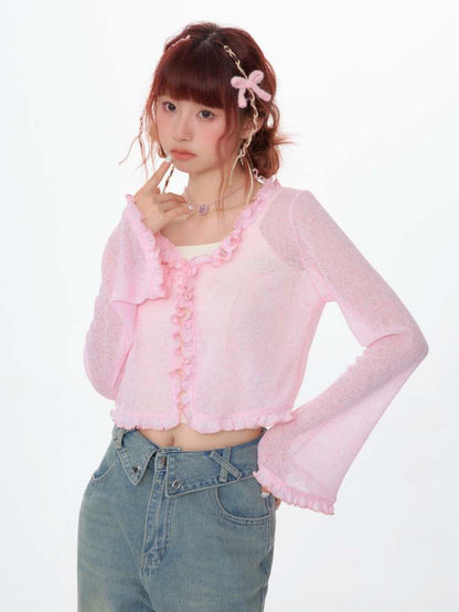 Ruffle Short Knit Cardigan