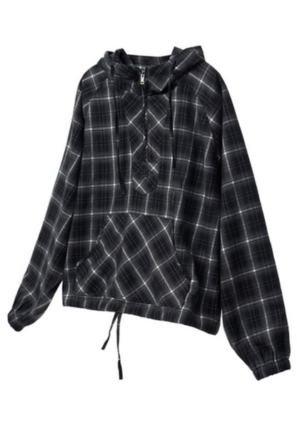 Retro Check Drawstring Baggy Hoodie