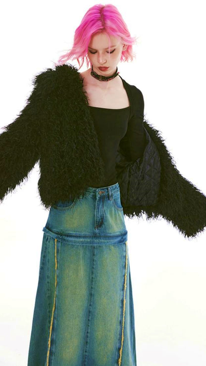 Multi-Color Wool Long Fur Coat