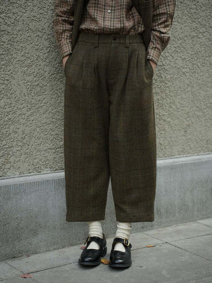 Retro Plaid Mid-Rise Wool Pants