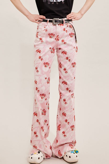 Strawberry Patterned Denim Flare Pants