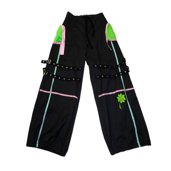 Four-Leaf Clover Embroidery Stripe Studded Trousers