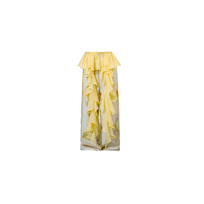 Botanical Ruffle Chiffon Wide-Leg Trousers
