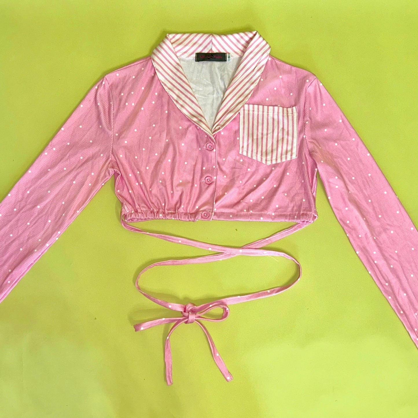 Pink Polka Dot Stripe Stitching Tie Short Jacket