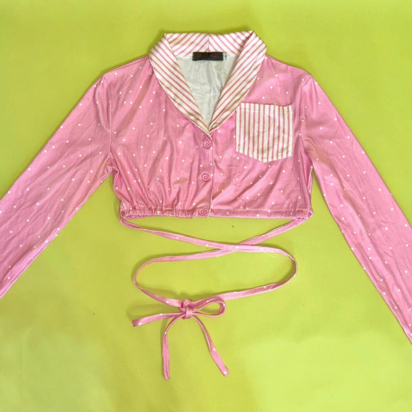 Pink Polka Dot Stripe Stitching Tie Short Jacket