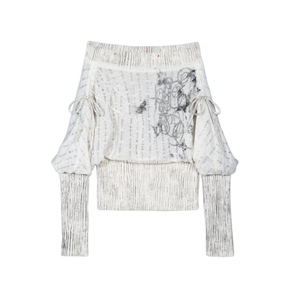 Printed One-Line Collar Knit Top