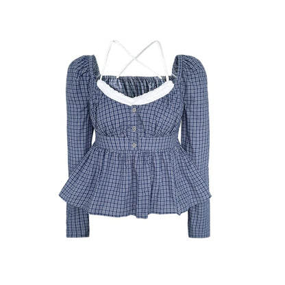 Vintage Navy Blue Check Cinched Shirt