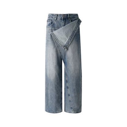 Asymmetrical Deconstructed Denim Wide-Leg Pants