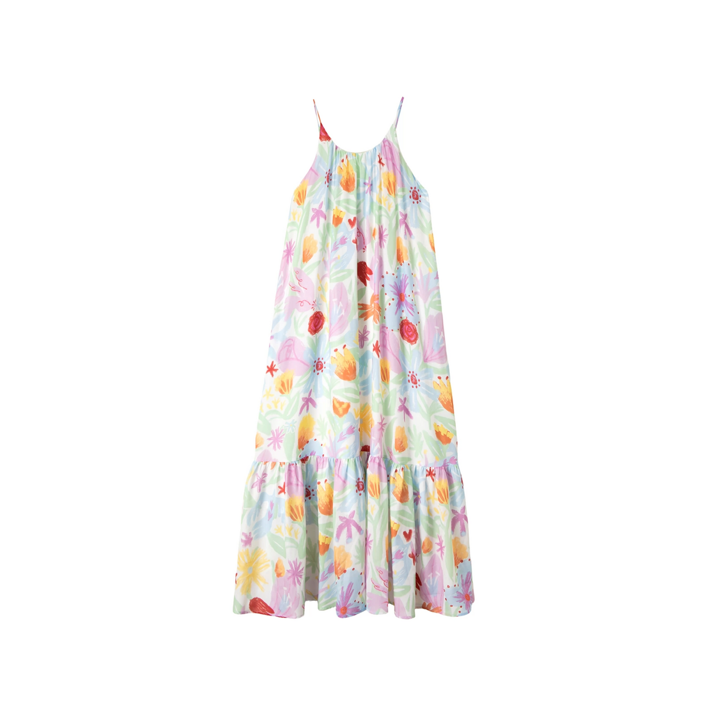 Hand-Painted Watercolor Flower Print Strap Dress