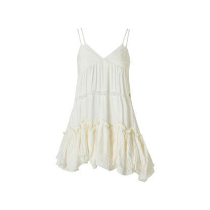 White Asymmetrical Ruffle Hem V-Neck Slip Dress