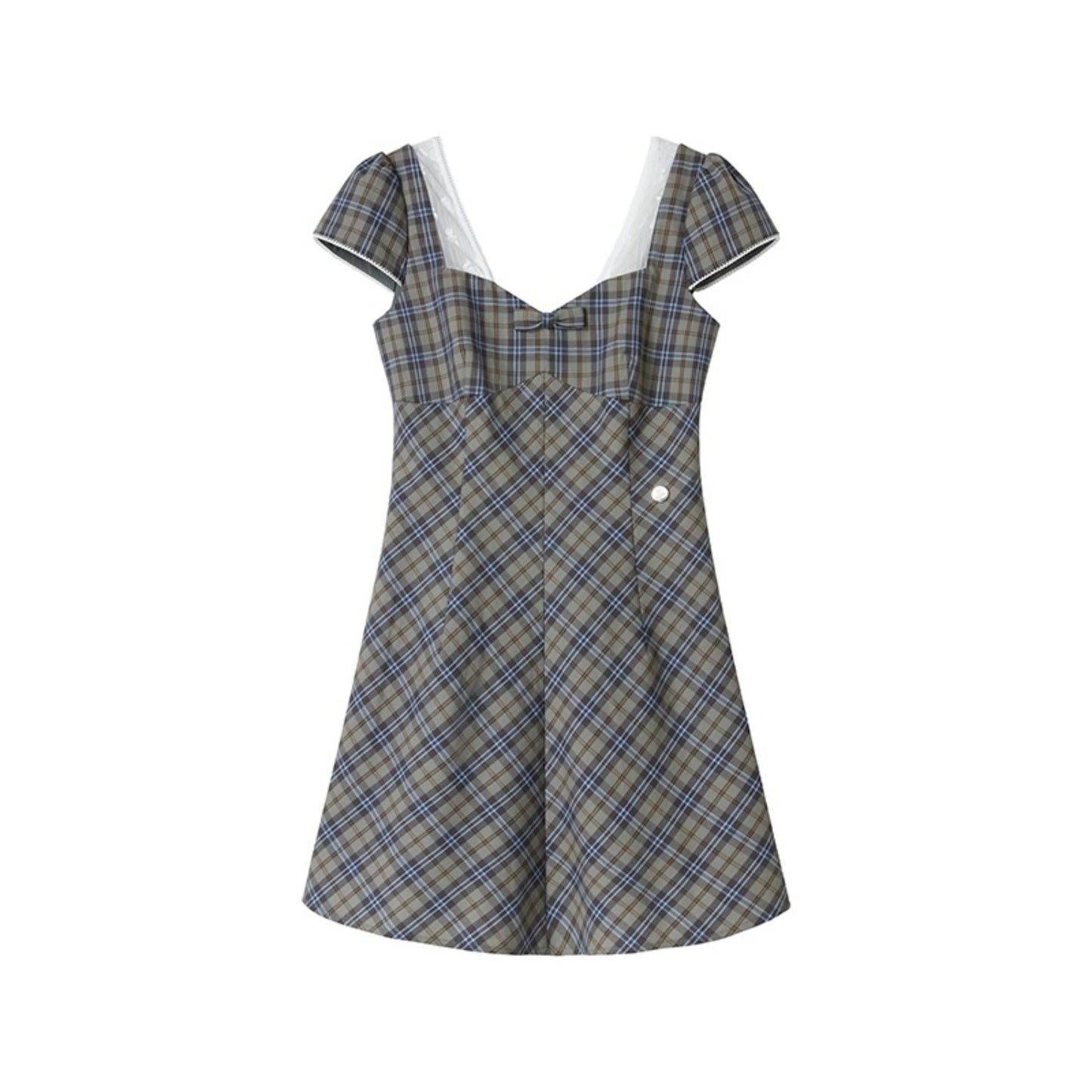 Plaid Lace Bow Short Sleeve Dress