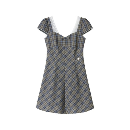Plaid Lace Bow Short Sleeve Dress