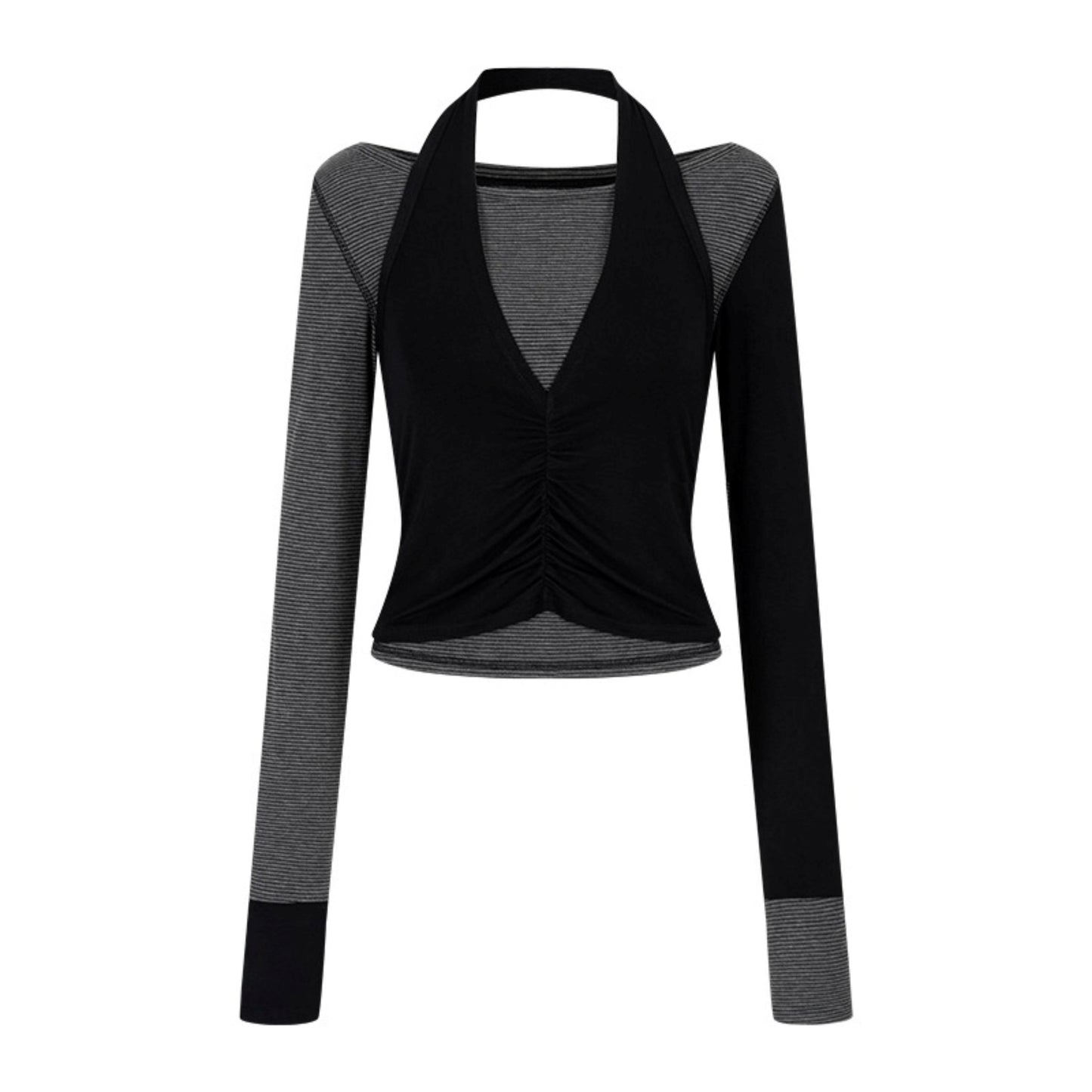 Striped Stitching Two-Piece Halterneck T-shirt