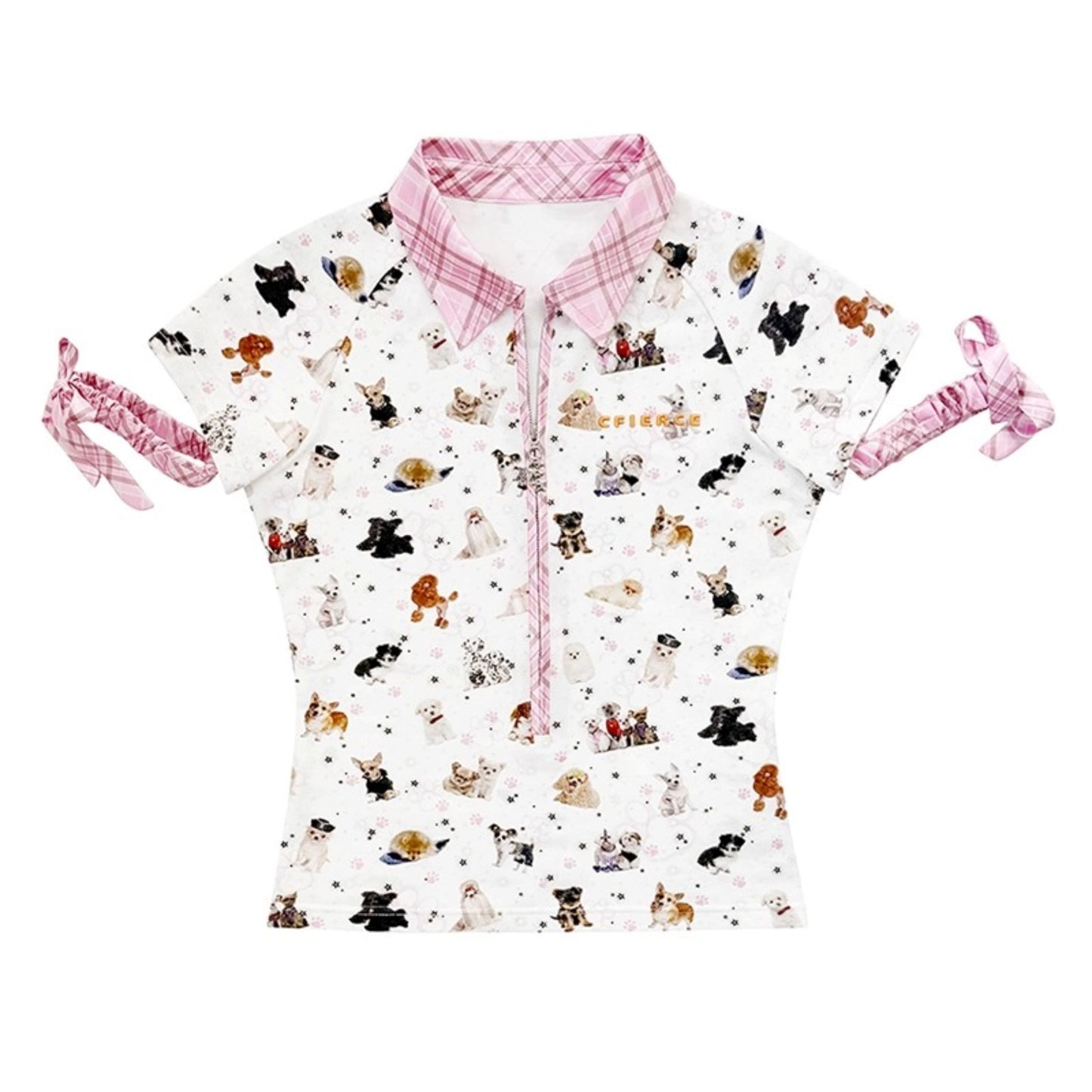 Cuff Embellished Zip-Up Polo Shirt