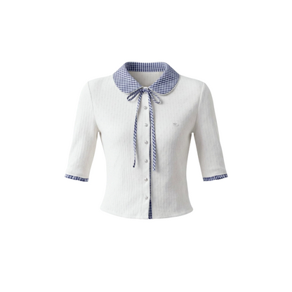 Completo cardigan a maglia bianco con colletto a quadri