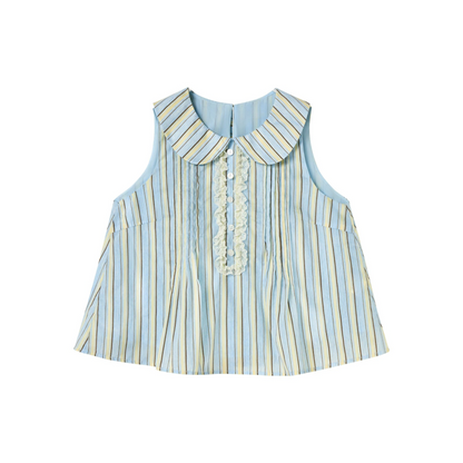 Blue Striped Doll Collar Lace Trim Tank Top