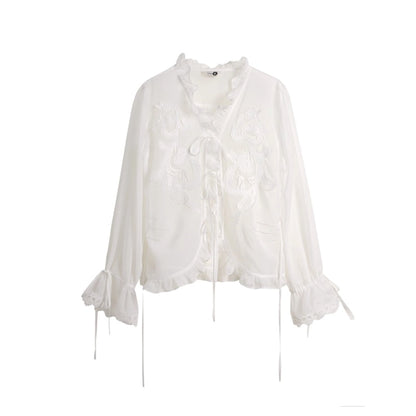 Autumn Lace-Up V-Neck Embroidered Shirt