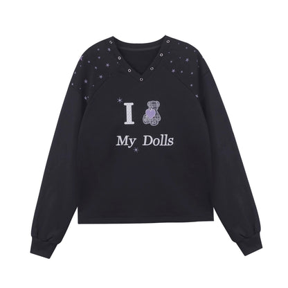 V-Neck Star Plaid Bear Sweatshirt