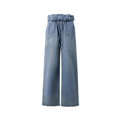 Washed Distressed Cuffed Waist Loose Pants