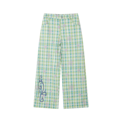 Elastic Plaid Straight-Leg Pants