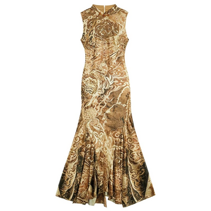 Luxurious Sleeveless Gold Cheongsam Fishtail Dress