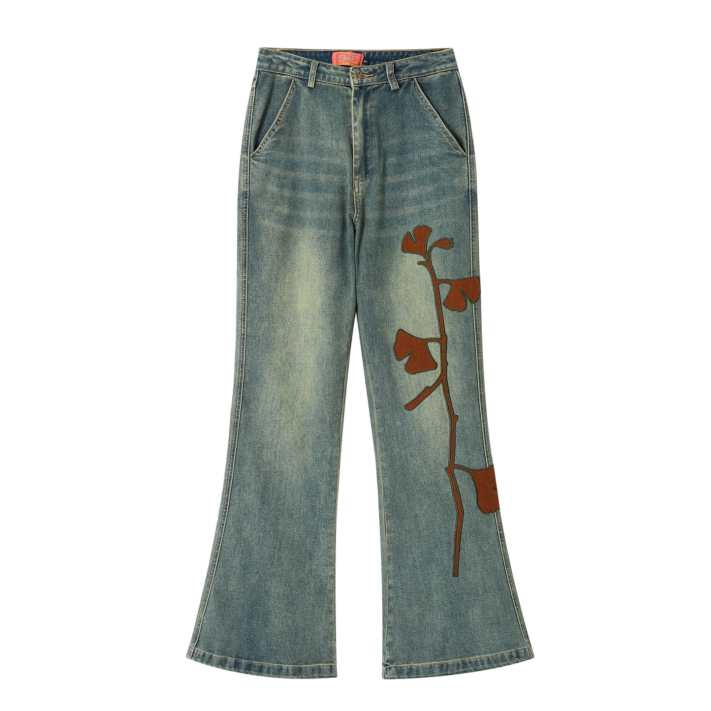 Ginkgo Leaf Embroidered Denim Pants