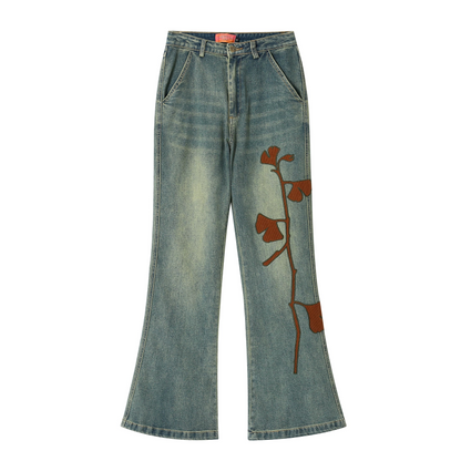 Ginkgo Leaf Embroidered Denim Pants