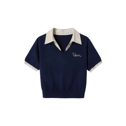 Embroidered Striped Collar Fake Two Piece T-Shirt