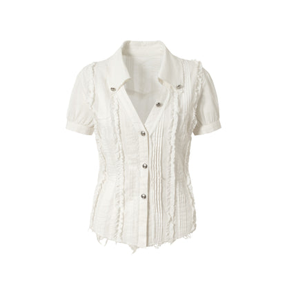 Vintage Lace V-Neck Bubble Sleeve Shirt