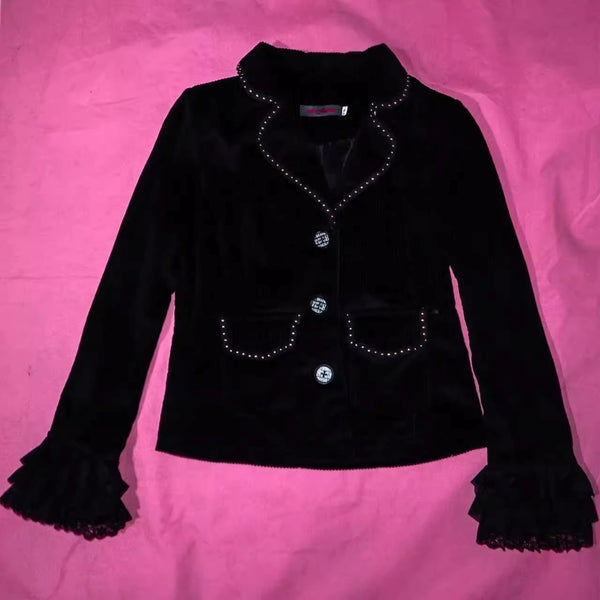Studded Lace Sleeves Slim Corduroy Blazer