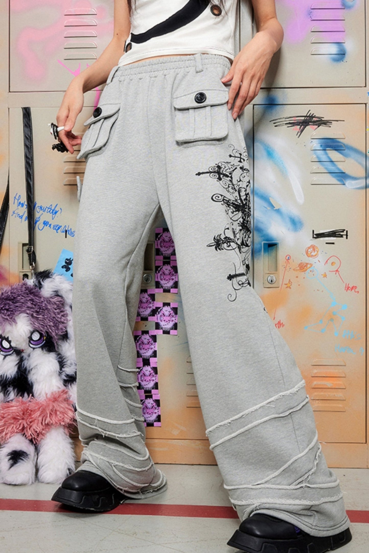 Cross Print Wide Leg Sweatpants