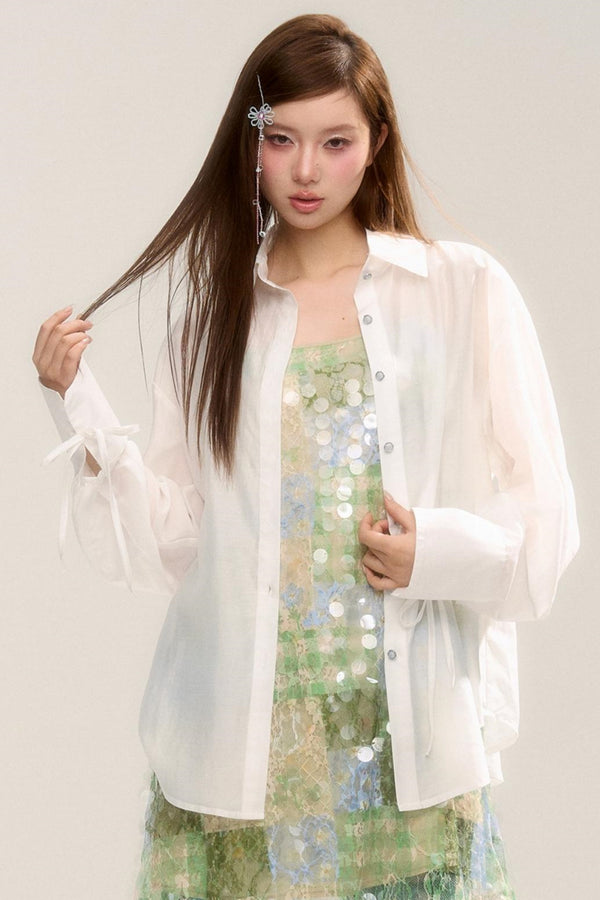 Sheer Lace Bowtie Long Shirt