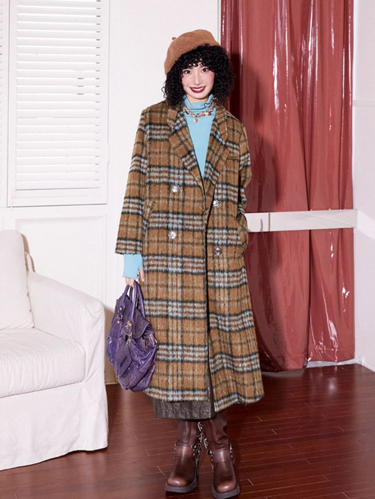 Loose long wool plaid coat