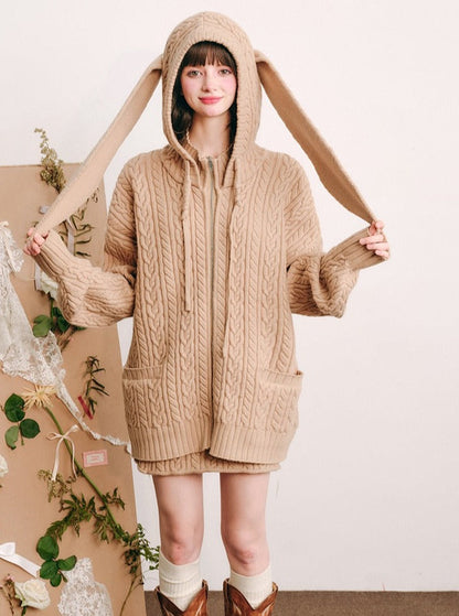 Bunny Ears Hooded Knitted Jacket Set