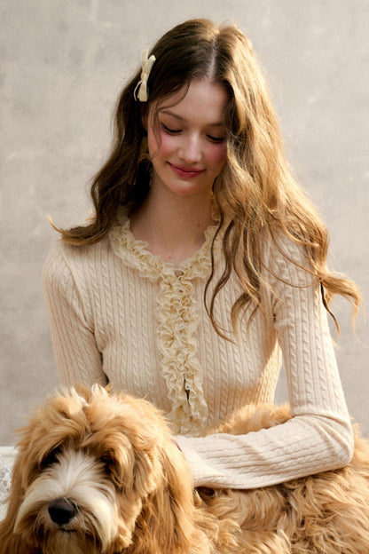 Dense Ribbed Lace Trim Sweater Top