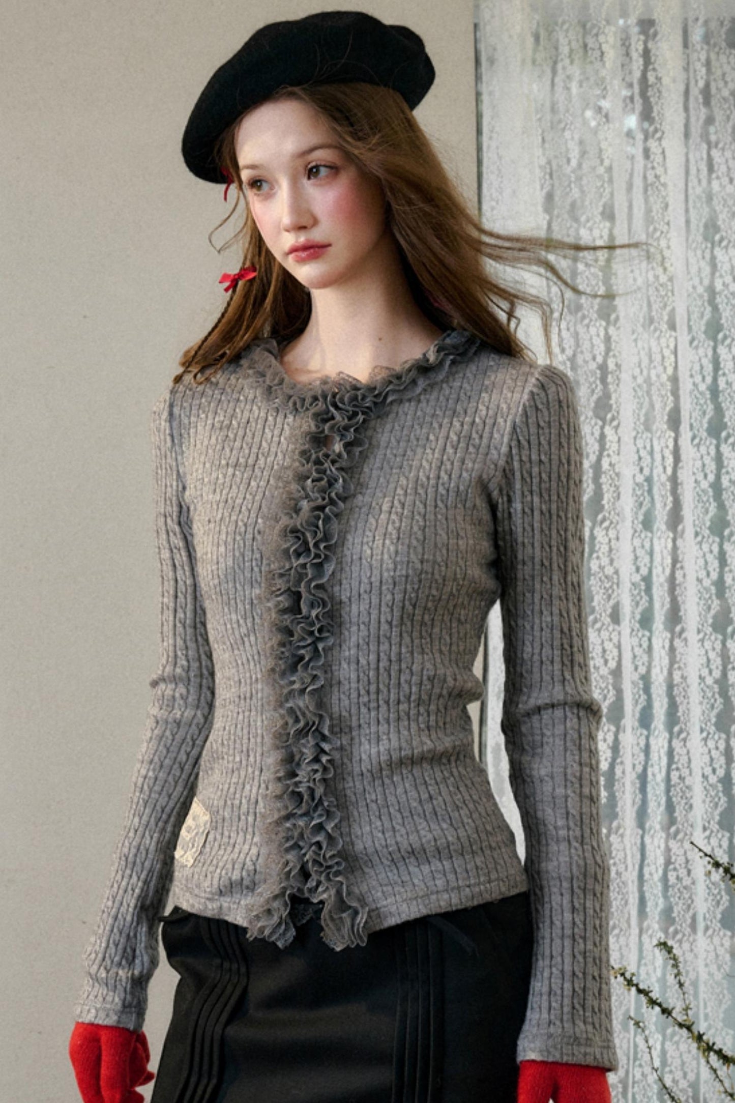 Dense Ribbed Lace Trim Sweater Top